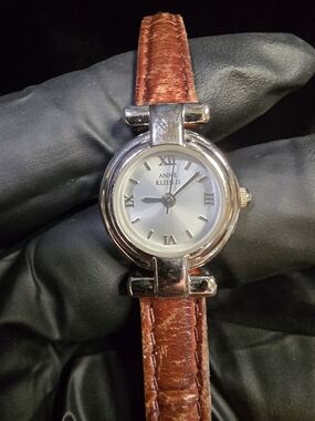 Anne Klein II Silver Dial Watch with Brown Leather Strap
